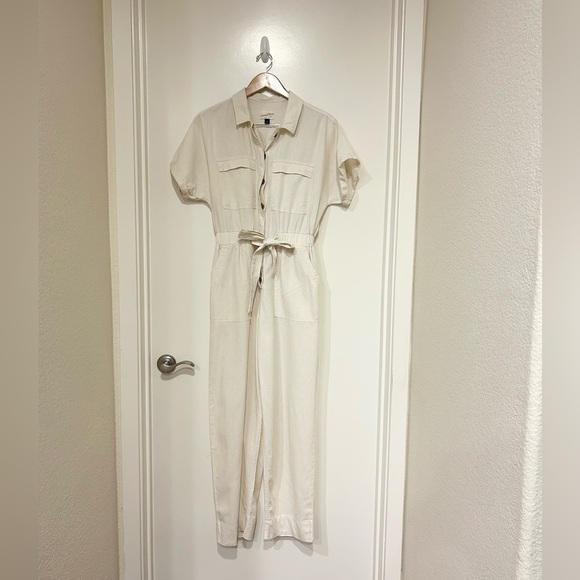 Universal Thread Women's Short Sleeve Linen Boilersuit Casual Jumpsuit Cream 4 - Picture 4 of 13